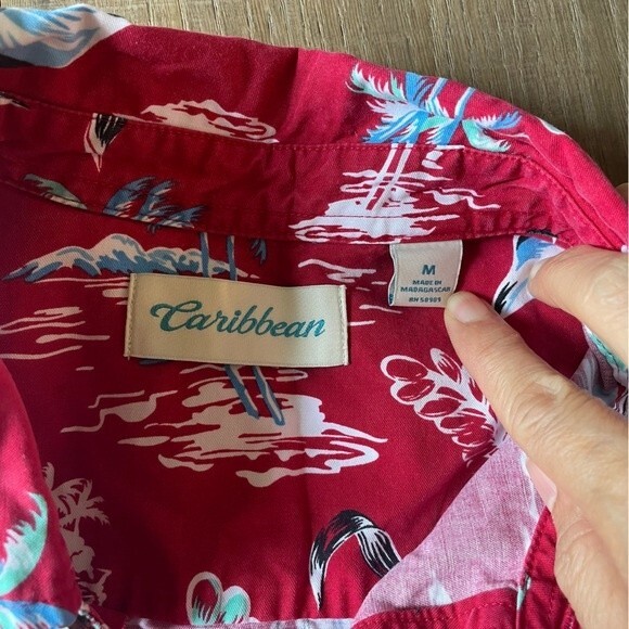 Caribbean Red Hawaiian Palm Leaves Tress 3 Pockets Zip Cotton Blend Men's Shirt - Picture 8 of 9